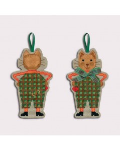 Suspension décorative à broder. Chat en salopette en tartan vert pomme. Référence 2638. Le Bonheur des Dames