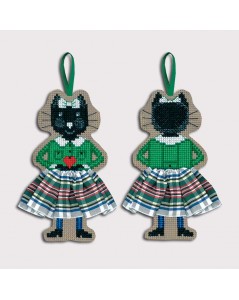 Counted cross stitch embroidery suspension. Black cat in green cardigan and white-green tartan skirt. 2641. Le Bonheur des Dames