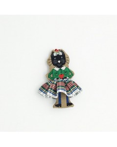 Embroidered Christmas decoration - black cat in white-green tartan. Item n° 2641