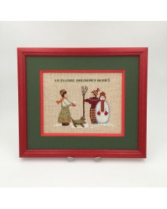 Embroidered and framed designed - Snowman. Motive: a girl, a boy, a snowman and a dog. Le Bonheur des Dames.