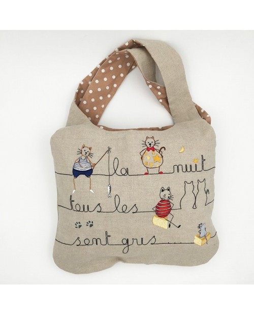 Linen handbag embroidered and sewn. Motive: cats, mice. Le Bonheur des Dames. traditional embroidery. 2910