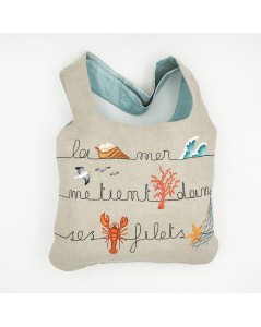 Kit broderie sac en lin avec motif marin, homard, étoile de mer, mouette, vague. Le Bonheur des Dames 2914. Version brodée.