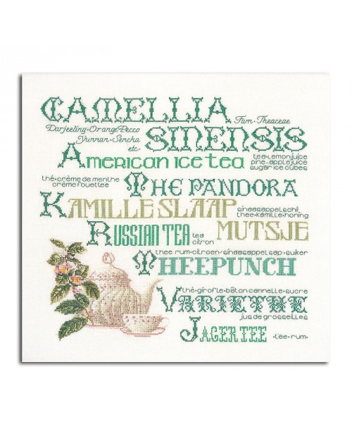 Counted cross stitch kit. Thea Gouverneur. Tea pot, cup and writings in green.
