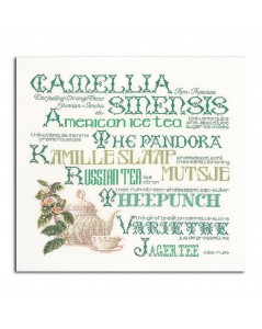 Counted cross stitch kit. Thea Gouverneur. Tea pot, cup and writings in green.