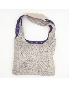 Sac en lin à broder de façon sashiko. Lin naturel motif bleu foncé. Le Bonheur des Dames 2916