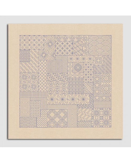 Sashiko style tablecloth. Natural linen, blue threads. Traditional embroidery, printed design. Le Bonheur des Dames 6118