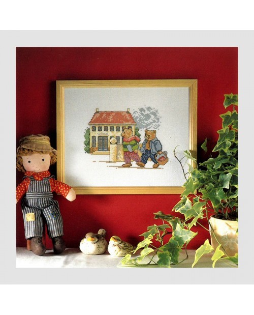 Counted cross stitch embroidery kit. The Bear at school. Permin of Copehagen design. 123002 Counted cross stitch embroidery kit. The Bear at school. Permin of Copehagen design. 123002