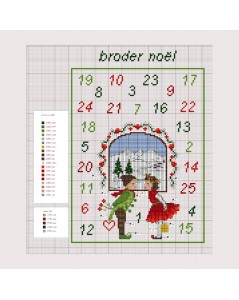 Counted cross stitch embroidery chart. Motive: Christmas elves. Design by Cécile Vessière