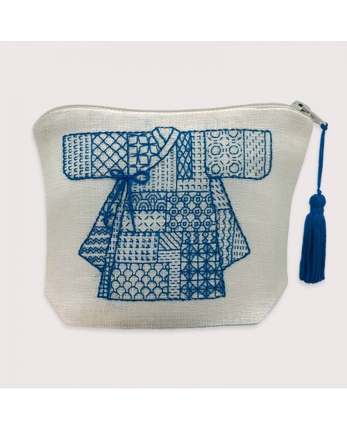 Pochette Sashiko, en lin blanc avec broderie le Kimono Coréen bleue. Le Bonheur des Dames 9030