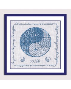 Le Yin et le Yang kit à broder sur toile de lin blanc avec fil bleu. Point arrière et point de croix. 3806 Le Bonheur des Dames