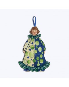 Madam Clowness in blue and green costume with tartan elements. Decorative suspension to embroider. Le Bonheur des Dames 2645