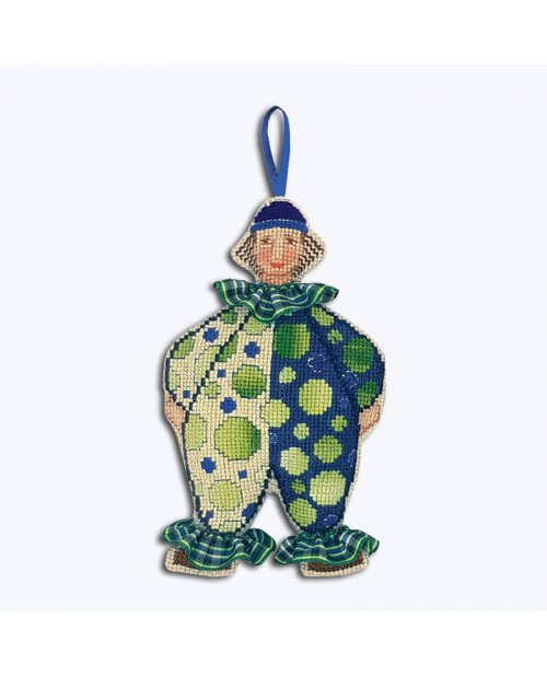 Kit broderie Clown en costume bleu et vert. Le Bonheur des Dames 2646. Suspension décorative.