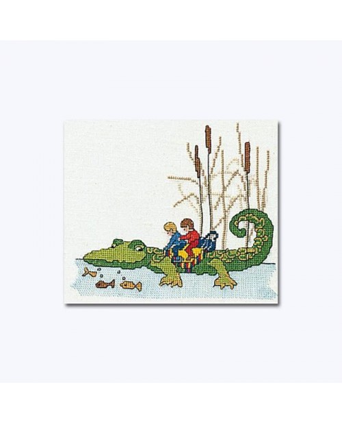 Counted cross stitch embroidery. Two children on a crocodile. Thea Gouverneur 1043