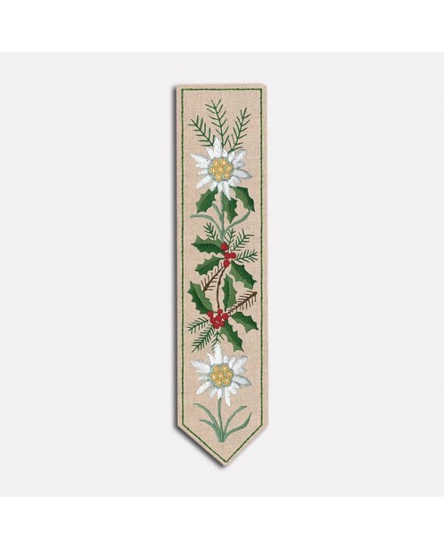 Bookmark embroidered on even-weave linen. Design printed. Motif: holly, edelweiss. Le Bonheur des Dames 4723