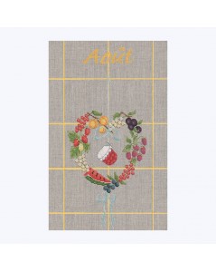 August tea-towel to stitch by cross stitch. Heart of fruits and jam pot in the middle. TL08. Le Bonheur des Dames
