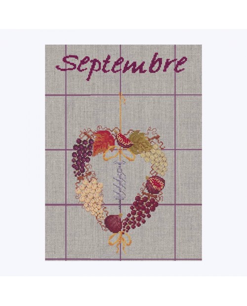 Linen tea-towel with violet stripes. To stitch by cross stitch. Motive: September heart of grapes. Le Bonheur des Dames TL09