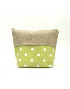 Big coated cotton and linen pochette, apple green with white polka dot.