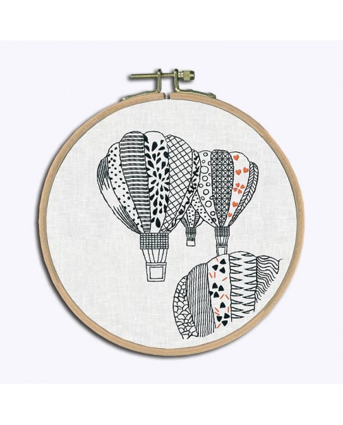 Kit broderie imprimé, broderie traditionnelle. Montgolfières monochromes. Le Bonheur des Dames 1546