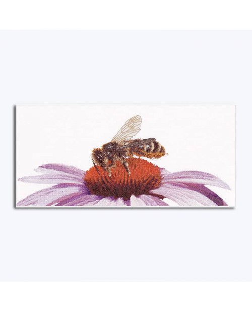 Honey bee on a flower of echinacea. Counted cross stitch kit on linen, design by Thea Gouverneur. G0549