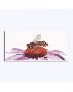 Honey bee on a flower of echinacea. Counted cross stitch kit on linen, design by Thea Gouverneur. G0549
