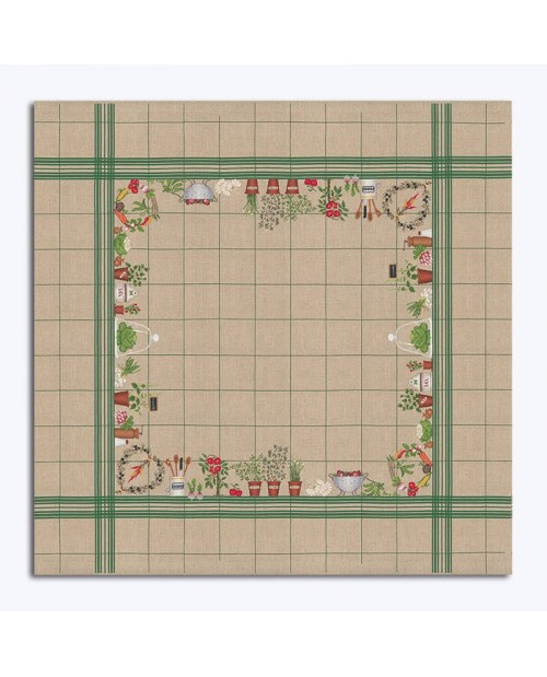 Tablecloth with vegetables. Natural linen with green grid. Counted cross stitch embroidery. Le Bonheur des Dames. Tablecloth with vegetables. Natural linen with green grid. Counted cross stitch embroidery. Le Bonheur des Dames.