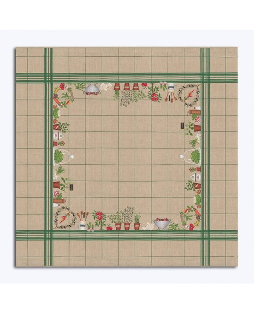 Tablecloth with vegetables. Natural linen with green grid. Counted cross stitch embroidery. Le Bonheur des Dames.