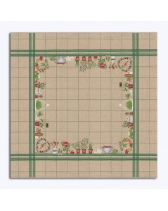 Tablecloth with vegetables. Natural linen with green grid. Counted cross stitch embroidery. Le Bonheur des Dames.