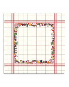 Tablecloth with fruits and jams. White linen with red grid. Counted cross stitch embroidery. Le Bonheur des Dames. 140 x 140 cm