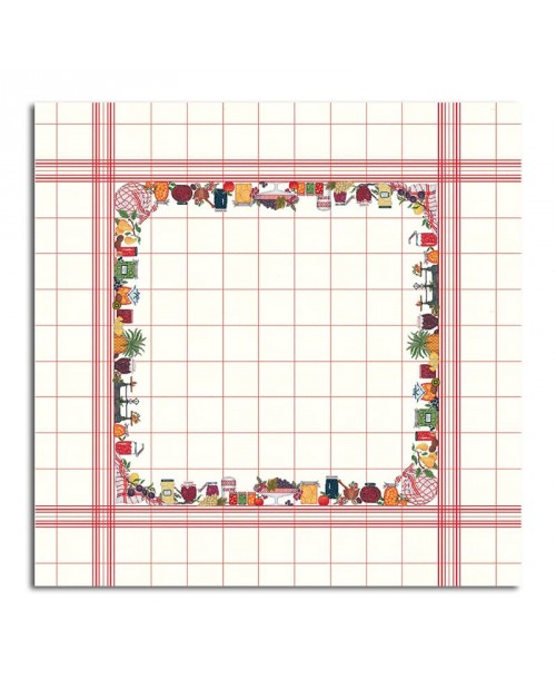 Tablecloth with fruits and jams. White linen with red grid. Counted cross stitch embroidery. Le Bonheur des Dames. 140 x 140 cm