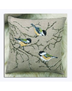 Cushion embroidered by cross stitch. Motif: three chickadees on branches. Permin of Copenhagen. 831315