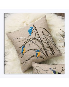 Cushion embroidered by cross stitch. Motif: Kingfishers on bulrush branches. Permin of Copenhagen. 831316