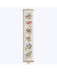 Decorative suspension embroidered by cross stitch. Motif: garden birds on branches. Permin of Copenhagen. 357116