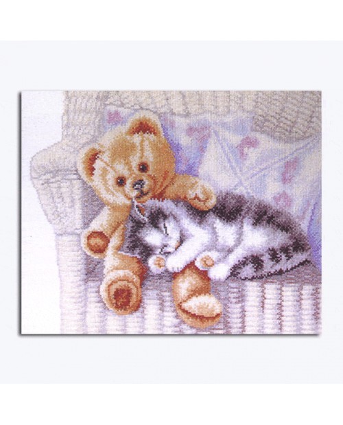 Counted cross stitch embroidery kit. Kitten with a teddy bear. Permin of Copenhagen 902401