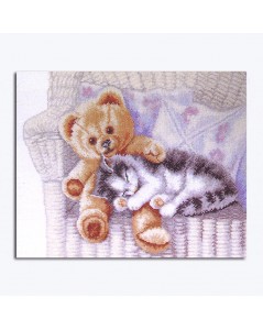 Counted cross stitch embroidery kit. Kitten with a teddy bear. Permin of Copenhagen 902401