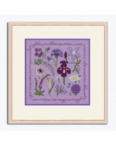 Miniature picture lilac and blue flowers to stitch by cross stitch on lilac linen. Le Bonheur des Dames 2281