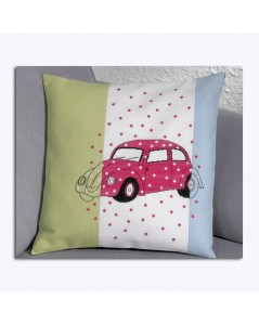 Pink car embroidered on three different fabrics: blue, green, white. Le Bonheur des Dames 834326