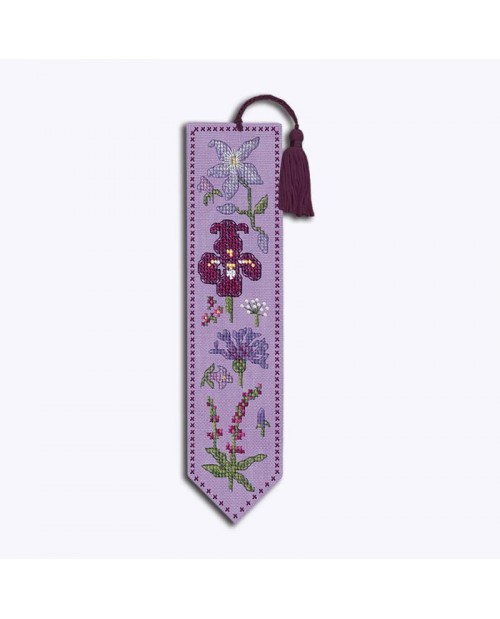 Bookmark to stitch by cross stitch on lilac color even-weave linen. Motive: blue and violet flowers. Le Bonheur des Dames 4587