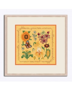 Miniature Fleurs jaunes et oranges à broder sur lin couleur jaune. Kit complet. Le Bonheur des Dames 2282