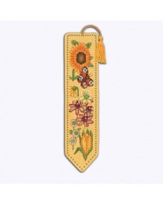 Bookmark to stitch by cross stitch on yellow even-weave linen. Motive: yellow and orange flowers. Le Bonheur des Dames 4588