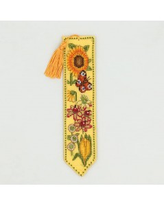 Bookmark made of yellow linen with yellow, orange and bordeaux flowers stitched by cross stitch. Le Bonheur des Dames 4588