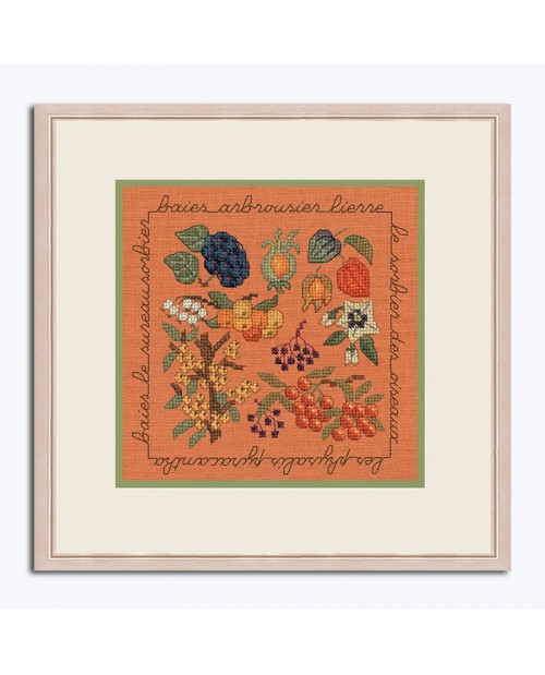 Miniature picture autumn flowers and fruits to stitch by cross stitch on orange linen. Le Bonheur des Dames 2283