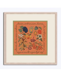 Miniature picture autumn flowers and fruits to stitch by cross stitch on orange linen. Le Bonheur des Dames 2283