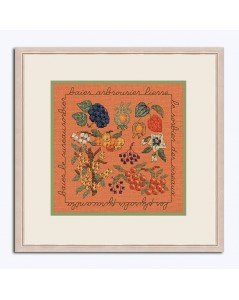 Miniature fleurs et fruits d'automne à broder sur lin couleur orange. Kit complet. Le Bonheur des Dames 2283