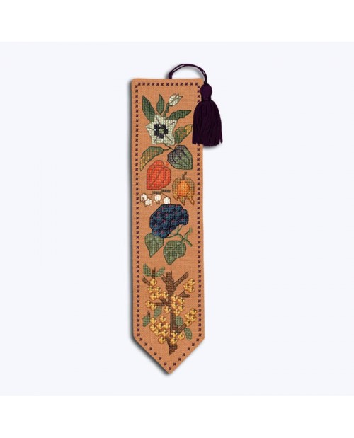 Bookmark stitched by counted cross stitch kit on orange linen. Autumn Flowers. Le Bonheur des Dames 4589