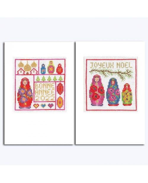 2 cartes de vœux poupées russes à broder sur toile Aida 8 pts/cm avec les cartes passepartout. Le Bonheur des Dames 7525