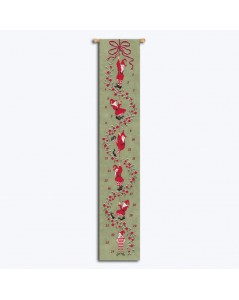 Goblin garland. Red gnomes embroidered on light green linen. Counted cross stitch embroidery kit. Le Bonheur des Dames 5053