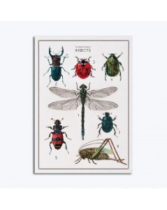 Embroidered picture. Motive to stitch by cross stitch on white linen: insects. Design by Thea Gouverneur. 566