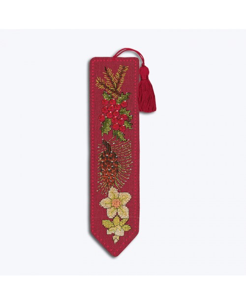Bookmark stitched by counted cross stitch kit on red linen. Christmas Flowers. Le Bonheur des Dames 4590