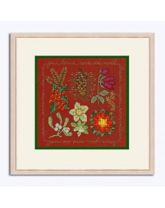 Christmas flowers. Miniature picture embroidered by counted stitch on dark-red linen. Le Bonheur des Dames 2284