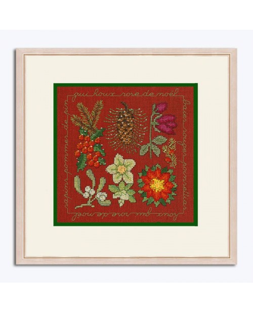 Miniature fleurs de Noël à broder sur lin couleur rouge foncé. Kit complet. Le Bonheur des Dames 2284